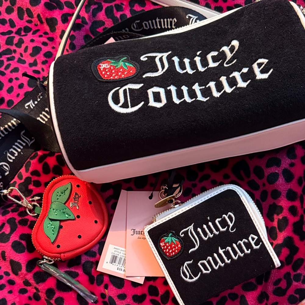 Juicy Couture Black and White Bag with Red Strawberry Keychain